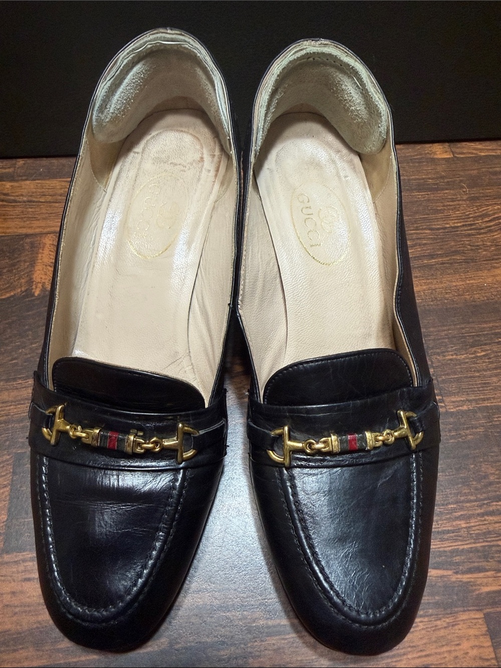 Vintage Gucci Black Leather Horsebit Loafers with Red-Green Stripe - Picture 1 of 8